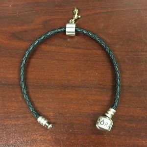 Black braided leather charm bracelet